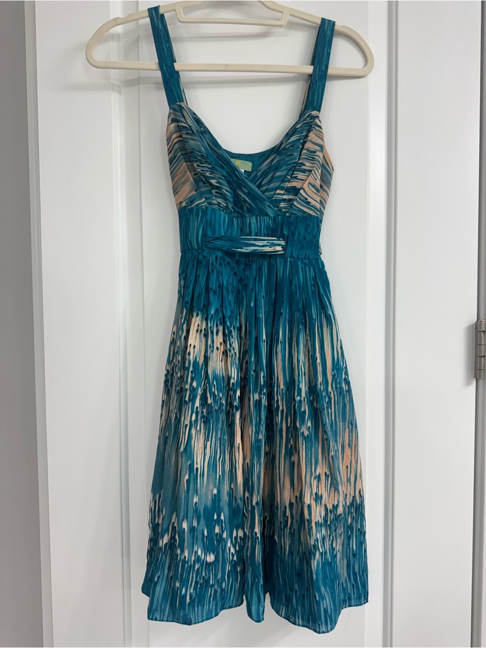 Anthropologie Teal and Cream Printed Silk  Dress